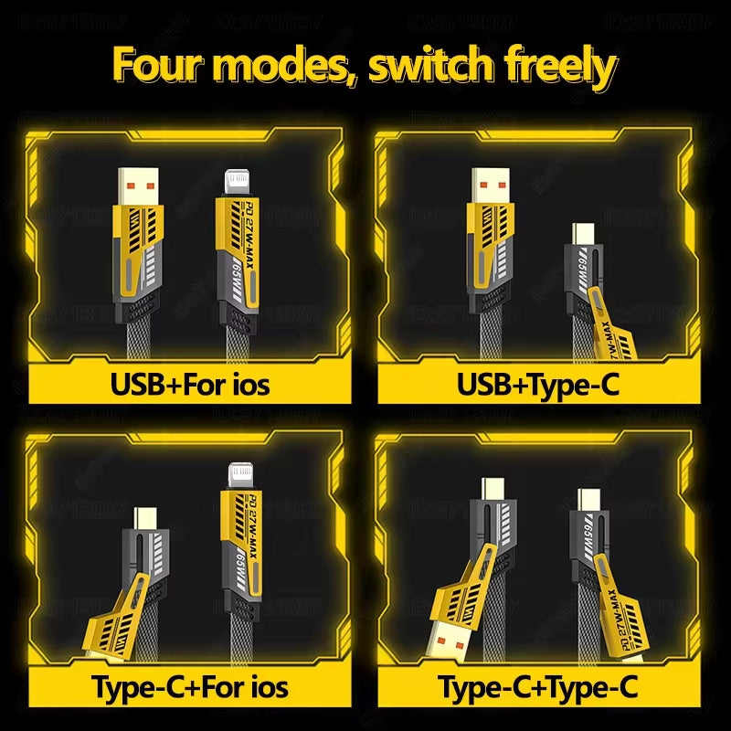 Experience Lightning-Fast Charging with the 65W Quick Charge Spring USB Cable - 4 in 1 Spring Data Cable for iPhone, iPad, MacBook, and Huawei