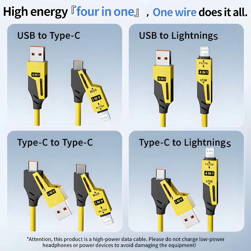 Experience Lightning-Fast Charging with the 65W Quick Charge Spring USB Cable - 4 in 1 Spring Data Cable for iPhone, iPad, MacBook, and Huawei