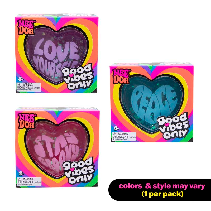 Needoh Good Vibes Only Heart-Shaped Stress Relief Toy with Inspirational Messages and Super Solid Squish - Fun & Relaxing for Kids and Adults